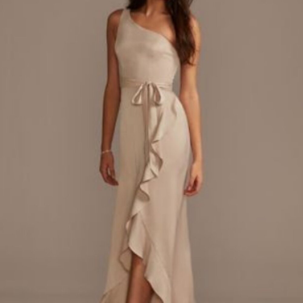 David's Bridal One Shoulder Satin Crepe Ruffle Bridesmaid Dress Biscotti, Size 2
